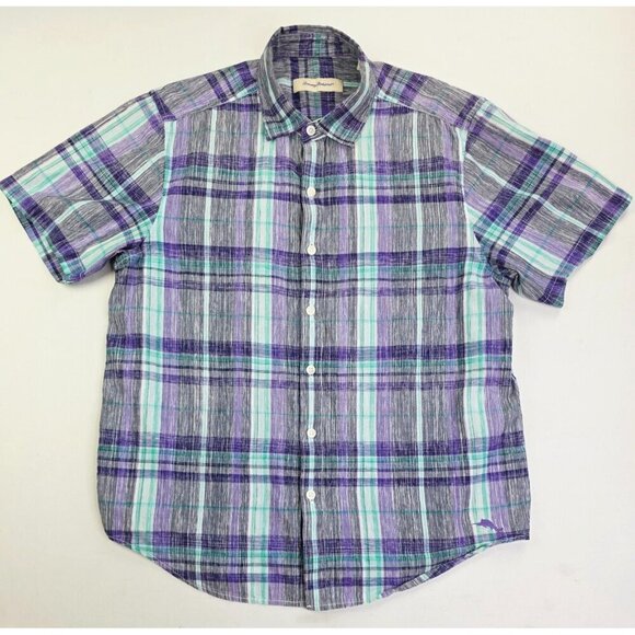 Tommy Bahama Lightweight Size Large Mens Plum Aqua White Check Logo S/S Shirt - Picture 1 of 11